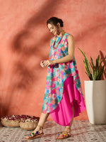 Thumbnail for InWeave Blue Floral Fuchsia Asymmetrical Dress