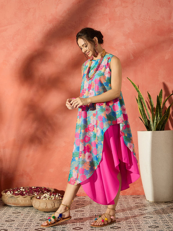 InWeave Blue Floral Fuchsia Asymmetrical Dress