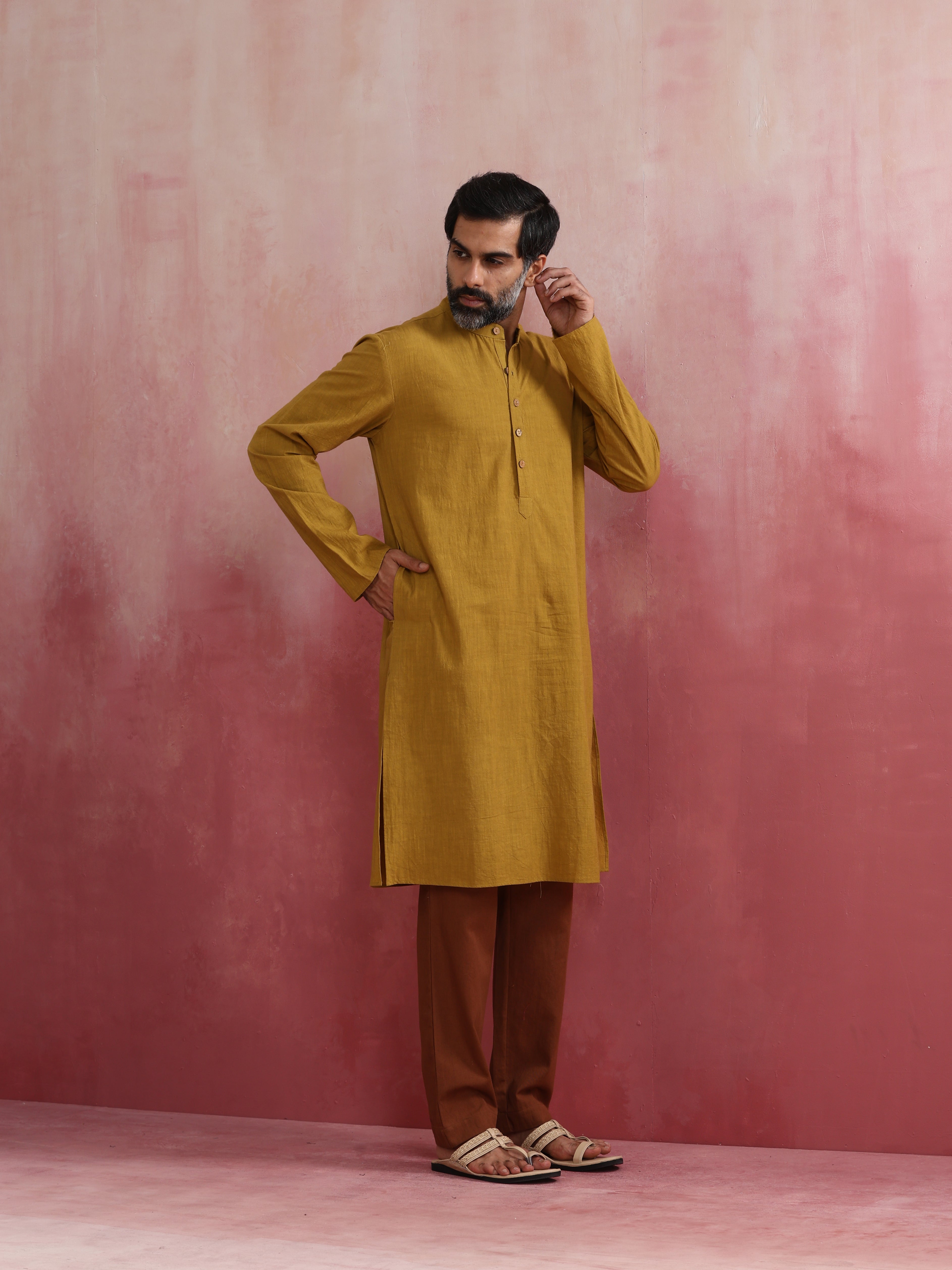 trueBrowns Men's Mustard Mandarin Collar Kurta - Distacart