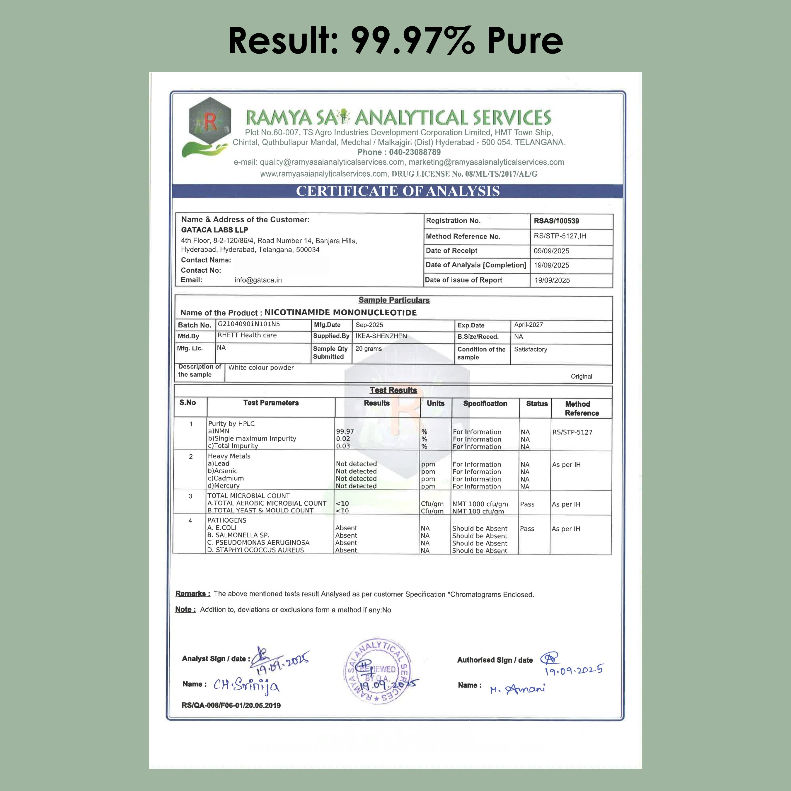 GATACA Pure β-NMN 500 mg Capsules with Nicotinamide Mononucleotide for More Energy, More Endurance, More Life