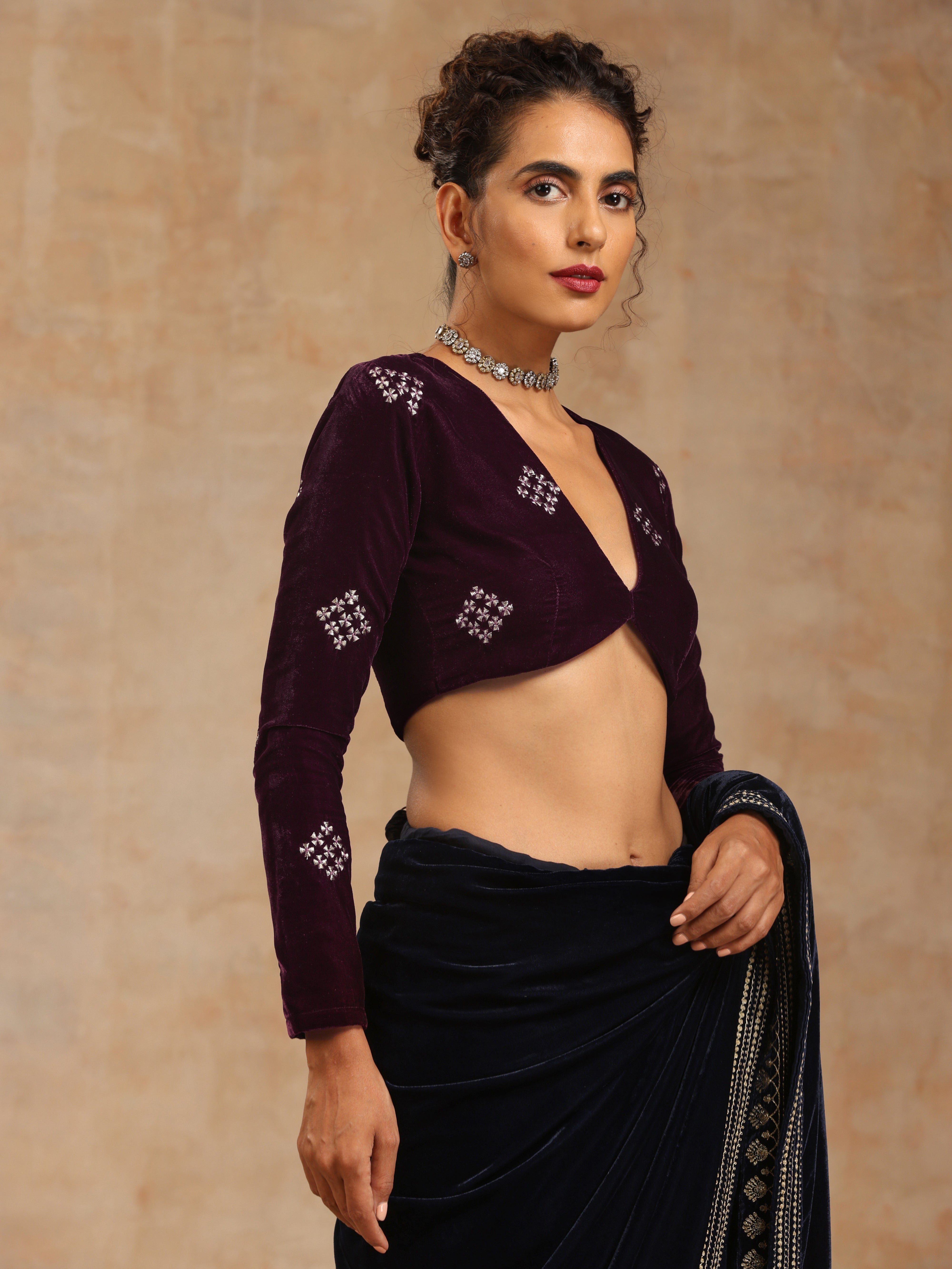 trueBrowns Wine Velvet Embroidered Blouse - Distacart