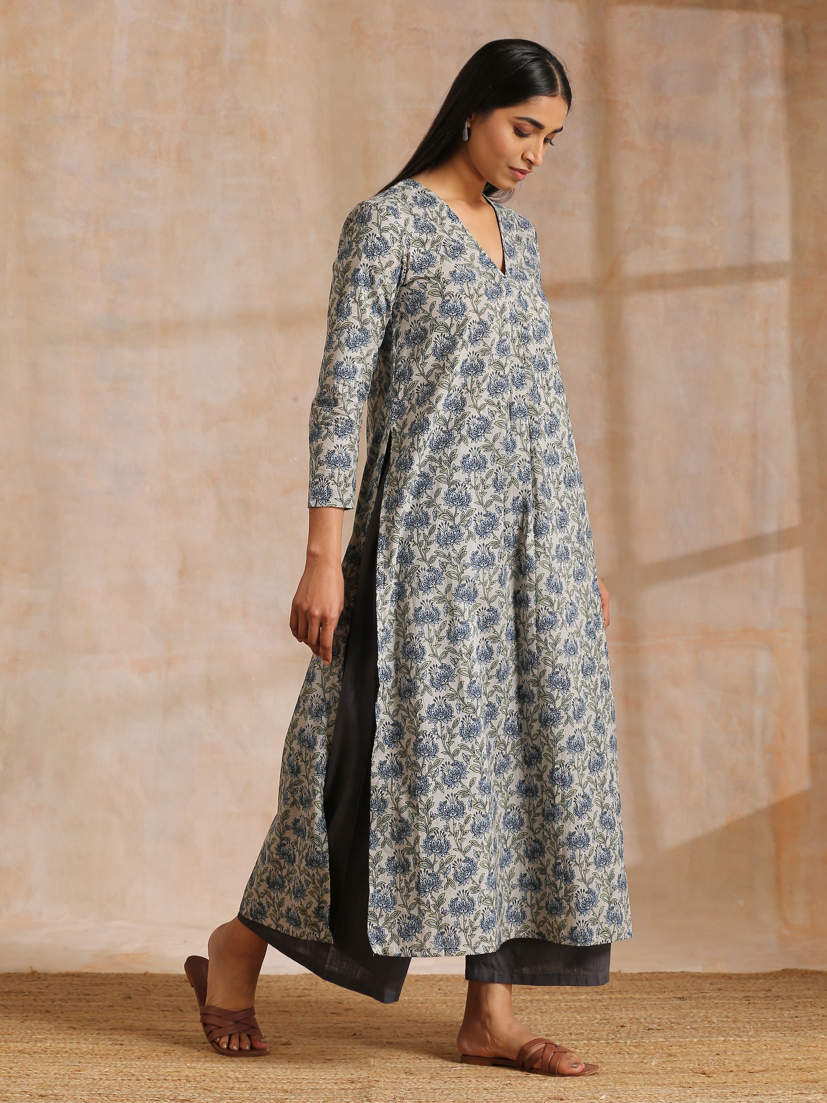 trueBrowns Blue Grey Overall Floral Block On White Print Cotton Kurta Pant Set - Distacart