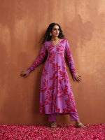 Thumbnail for trueBrowns Purple Print A-line Kurta Set - Distacart