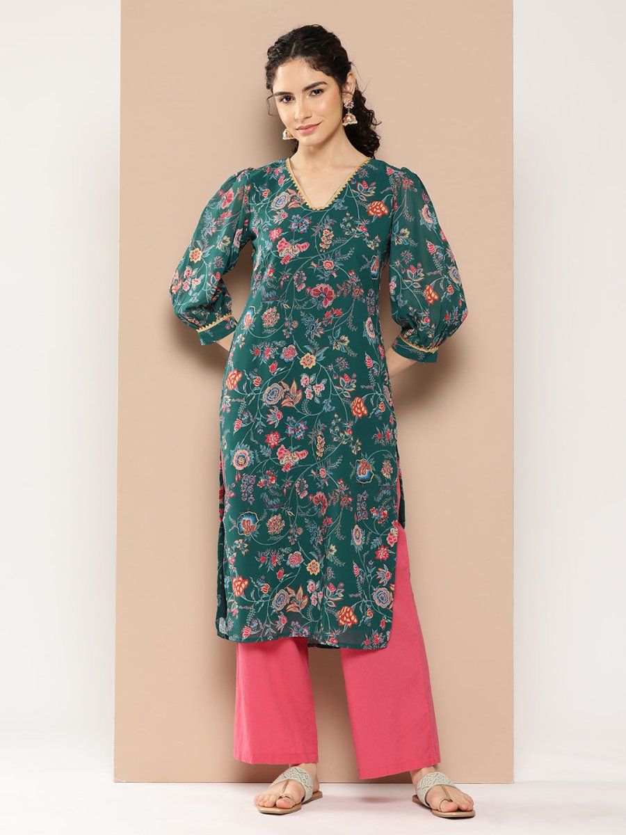Ahalyaa Women Floral Printed Gotta Patti Floral Georgette Kurta - Distacart