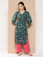 Thumbnail for Ahalyaa Women Floral Printed Gotta Patti Floral Georgette Kurta - Distacart