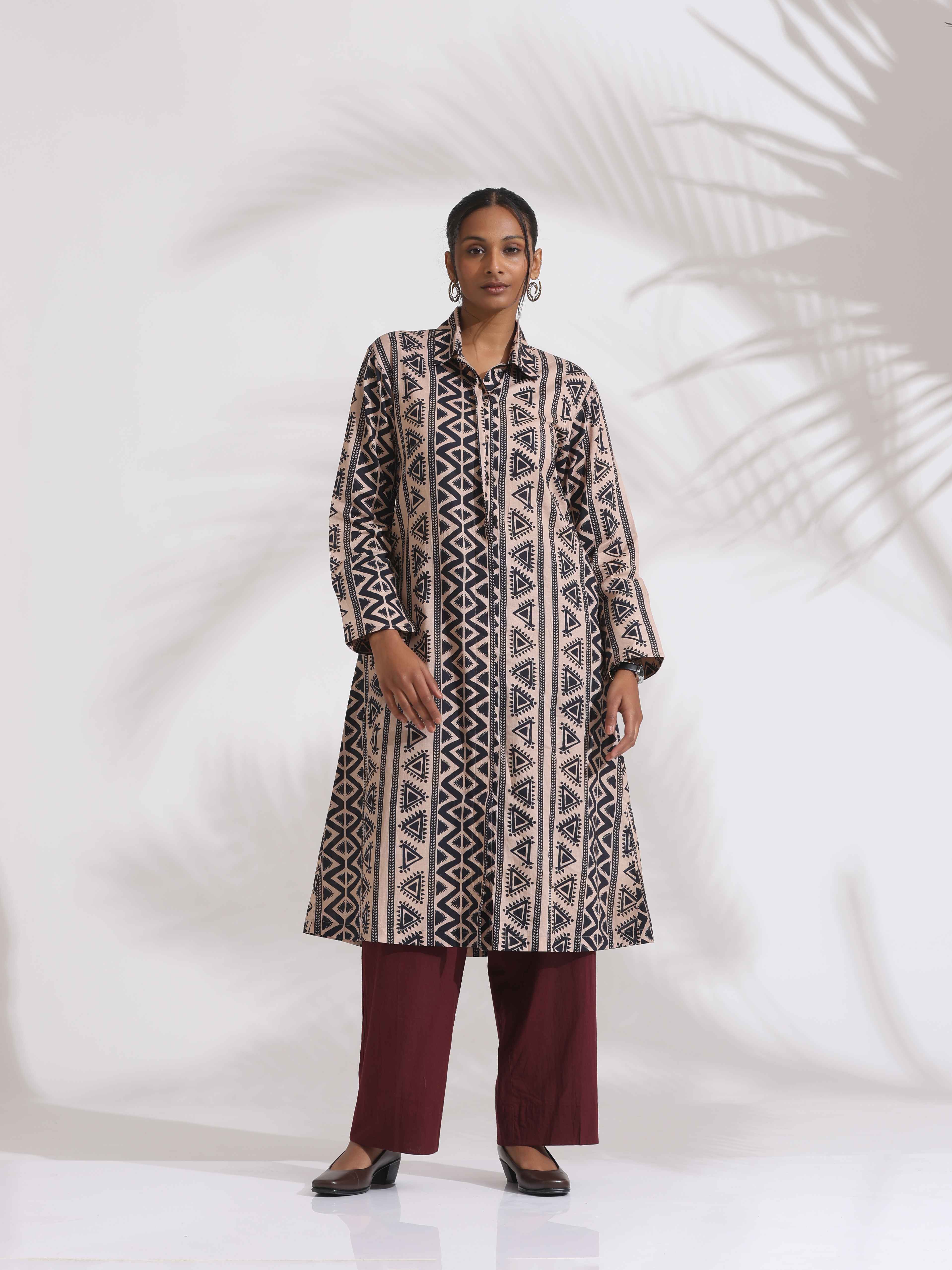 trueBrowns Beige Cotton Geometric Print Shirt Kurta Set - Distacart