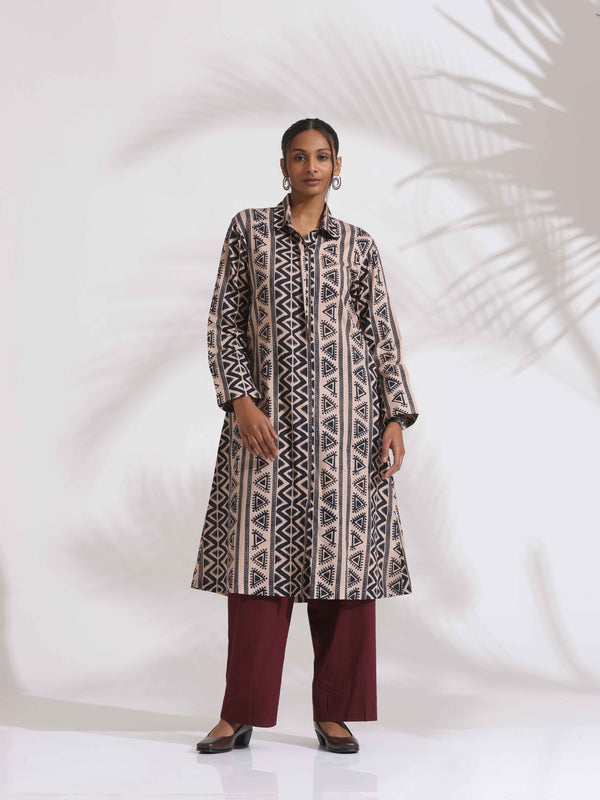 trueBrowns Beige Cotton Geometric Print Shirt Kurta Set