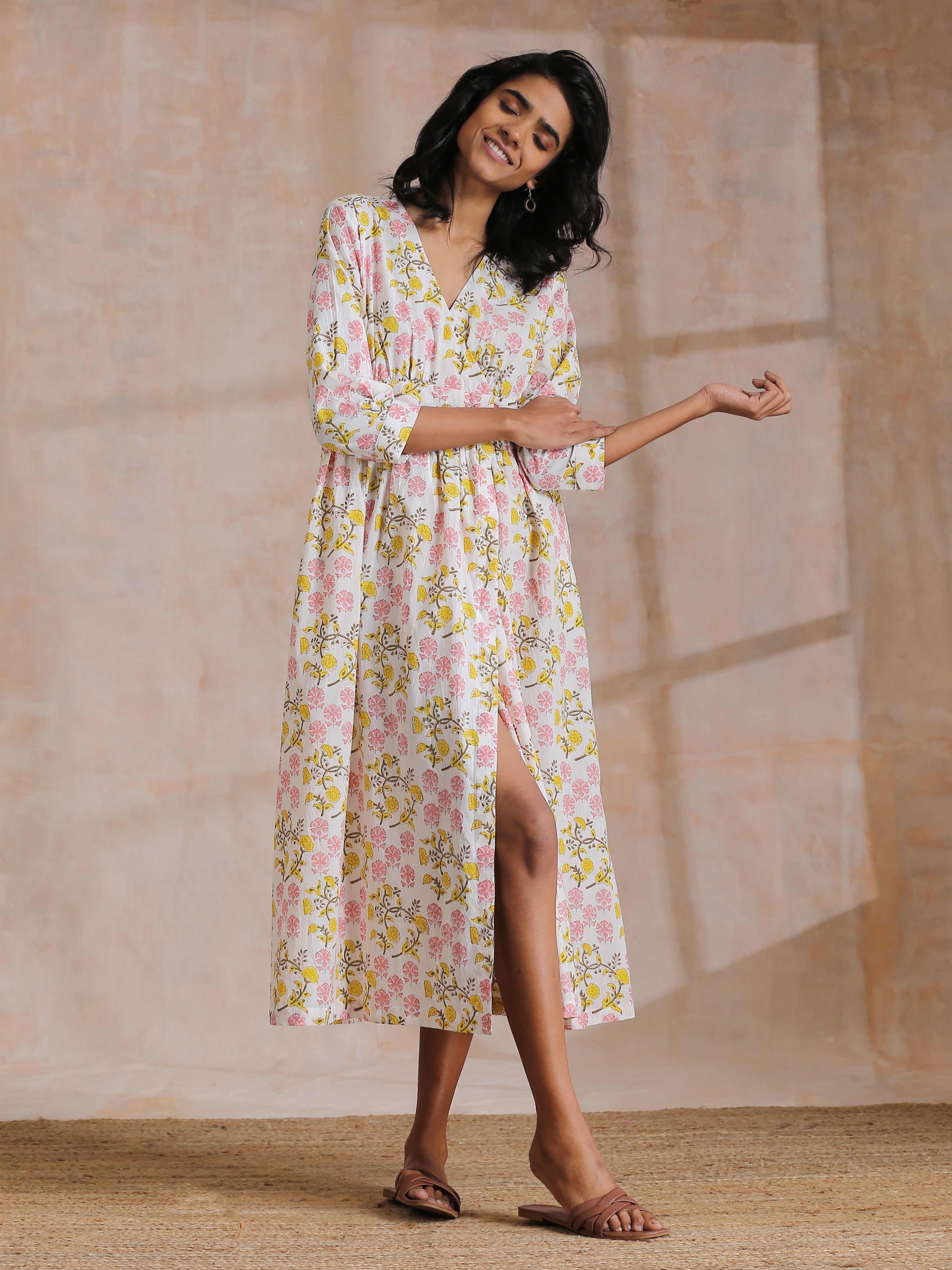 trueBrowns Pink Yellow Floral On White Block Print Cotton Wrap Dress - Distacart