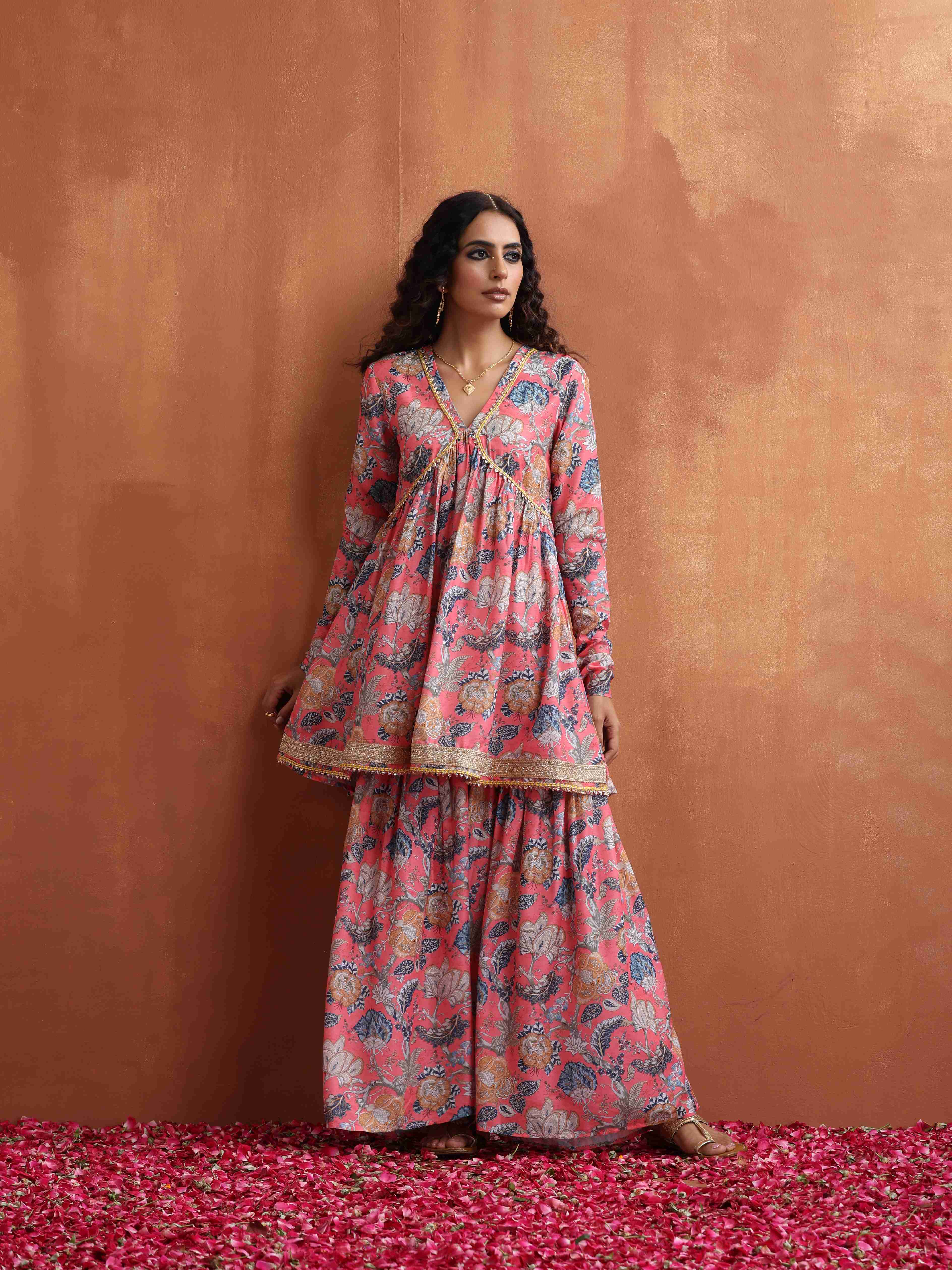trueBrowns Orange Print Sharara Set - Distacart