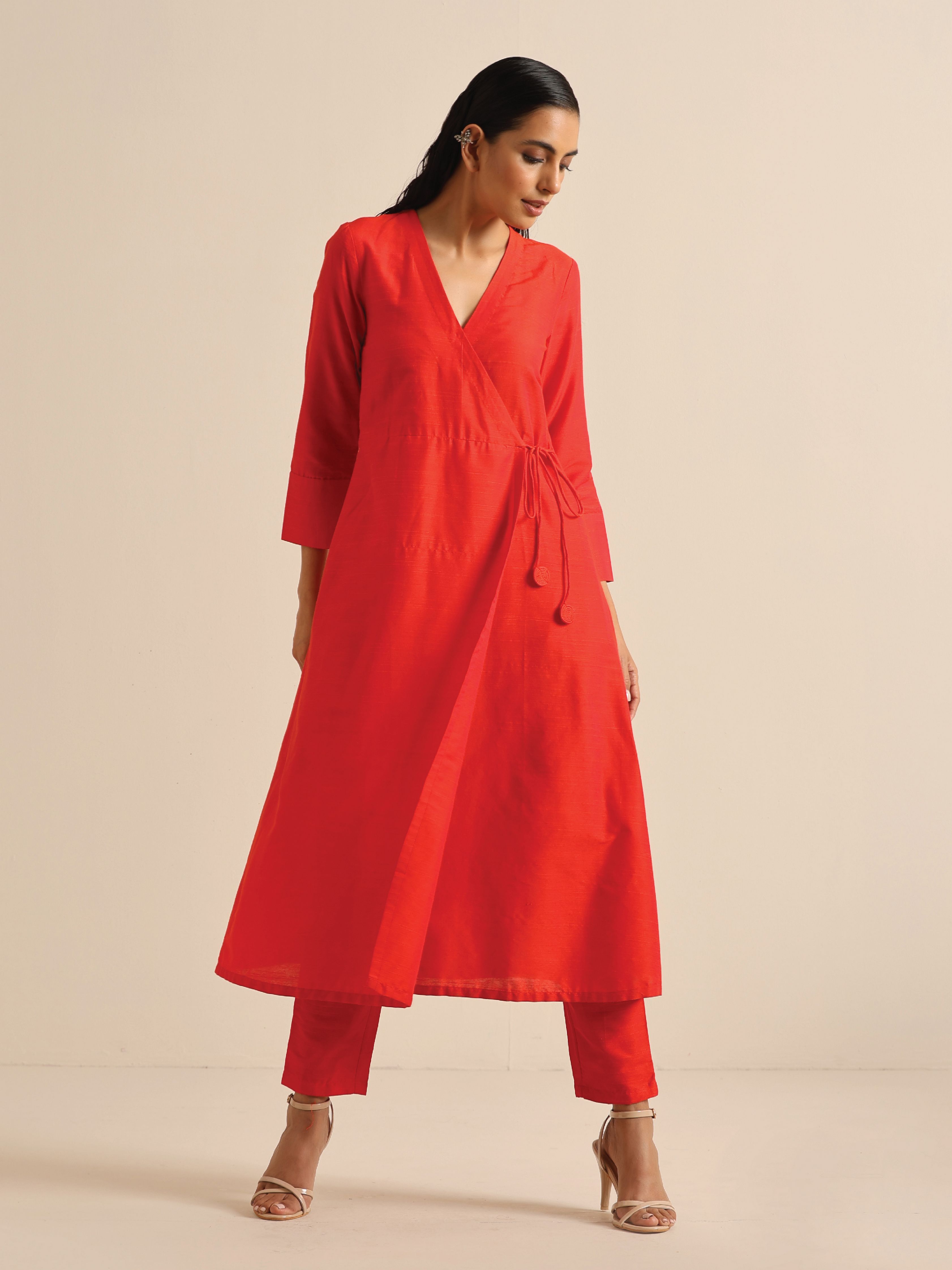 trueBrowns Orange Dupion Blend Angrakha Kurta Pant Set - Distacart