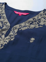 Thumbnail for Varanga Women Navy Blue Placement Design Zari Embroidered Kurta Paired With Tonal Bottom And Tonal Chiffon Dupatta