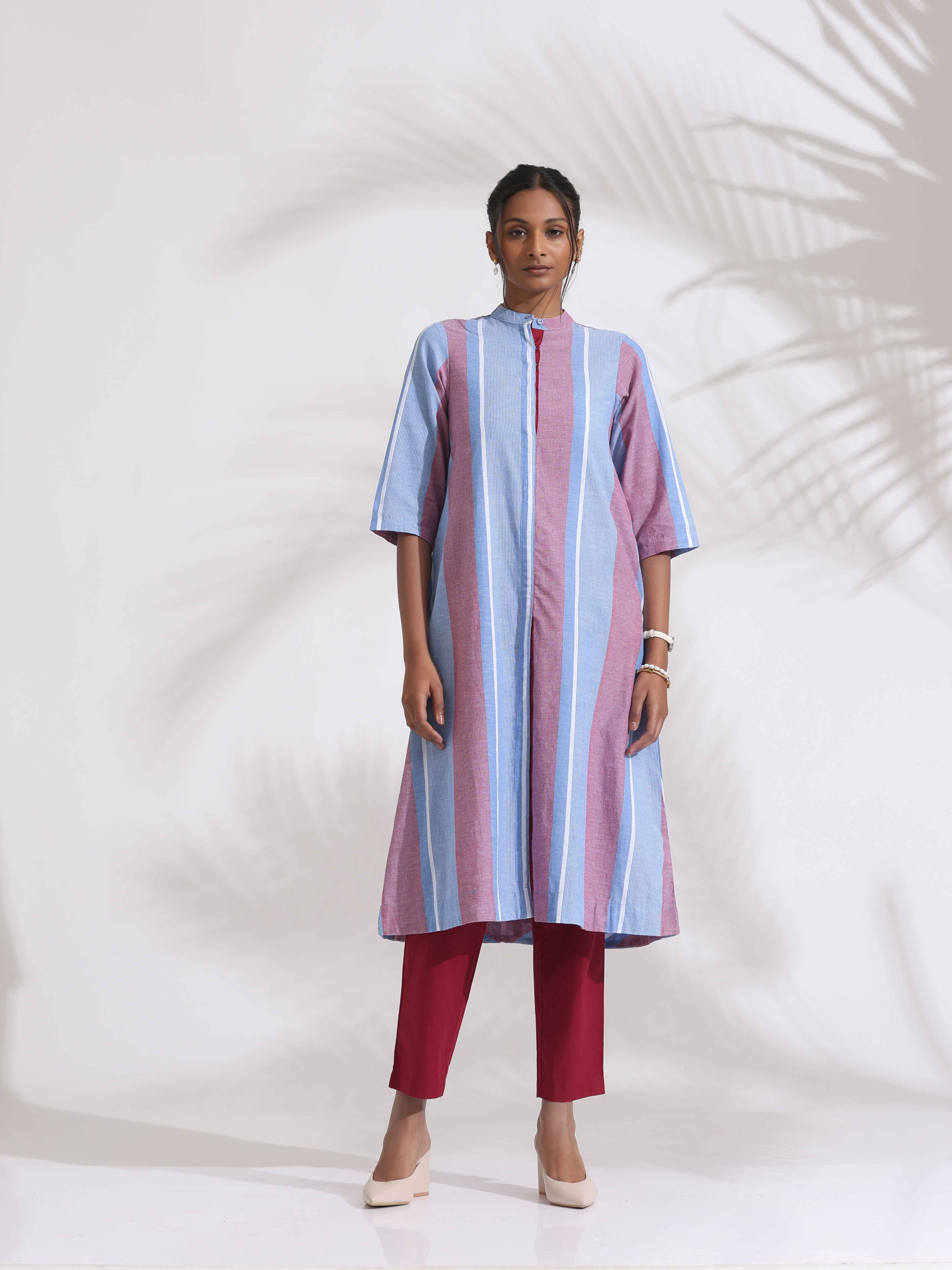 trueBrowns Blue Cotton Stripe Straight Kurta Set - Distacart