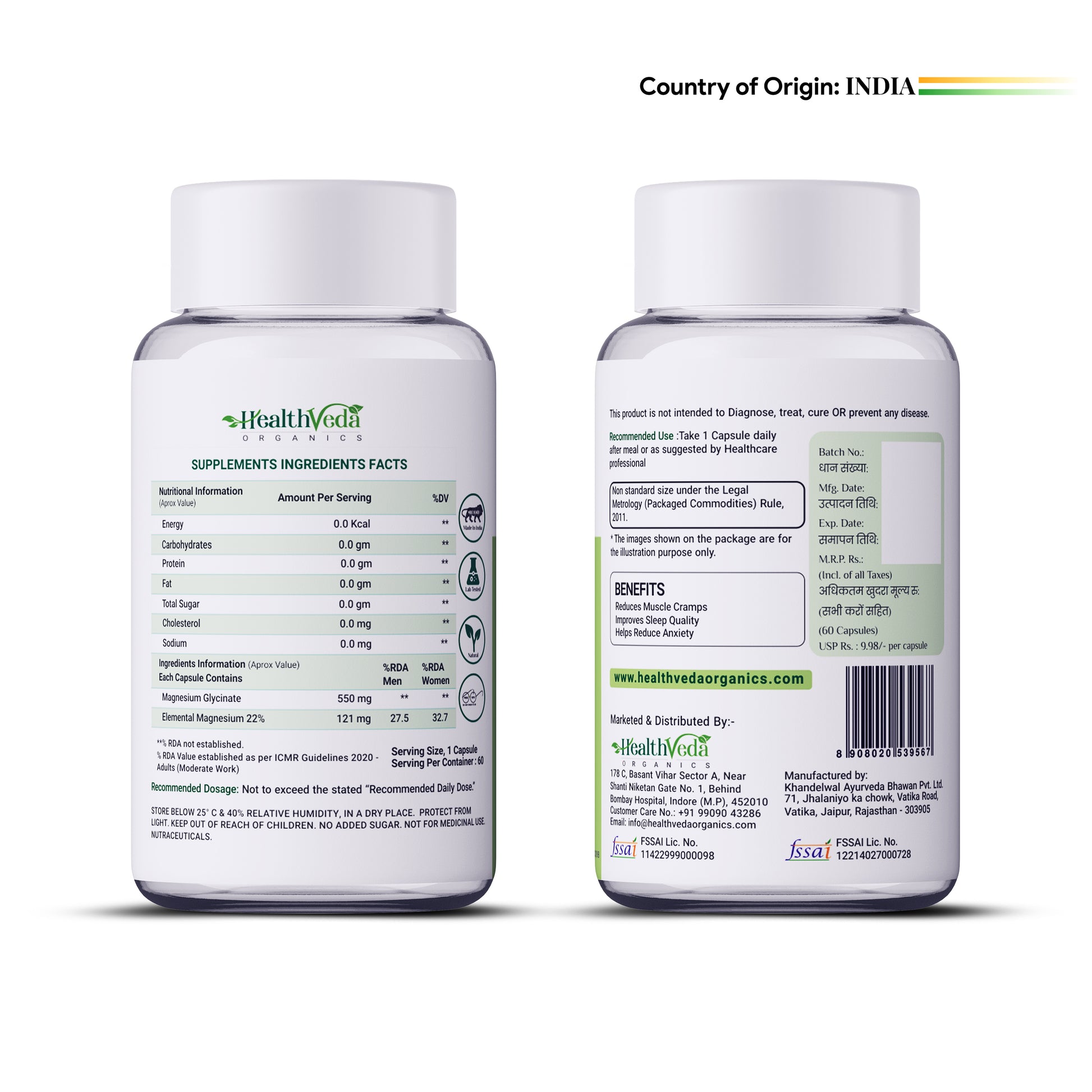 Health Veda Organics Magnesium Glycinate Capsules - Distacart