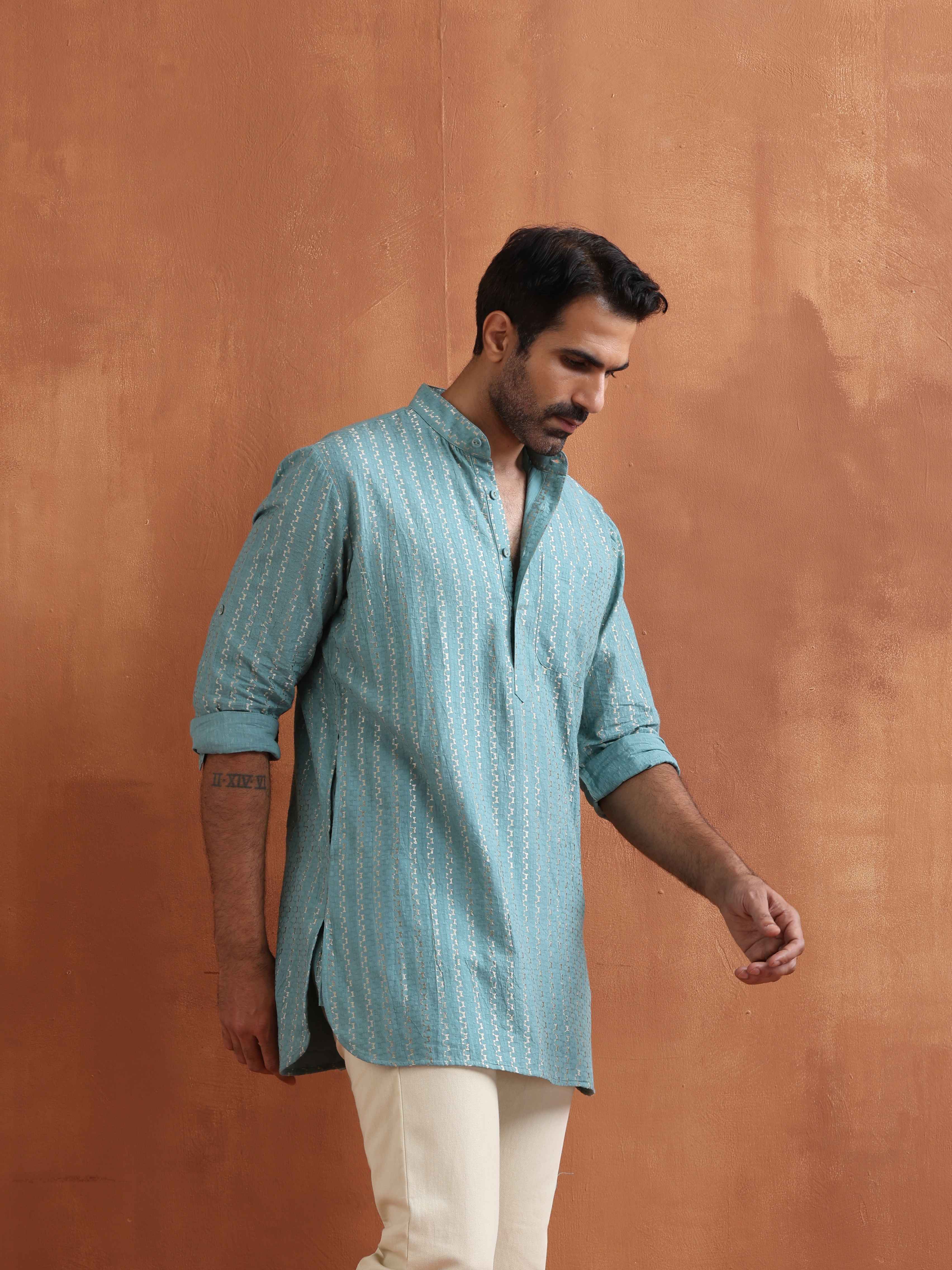 trueBrowns Men's Green Cotton Dobby Short Kurta - Distacart