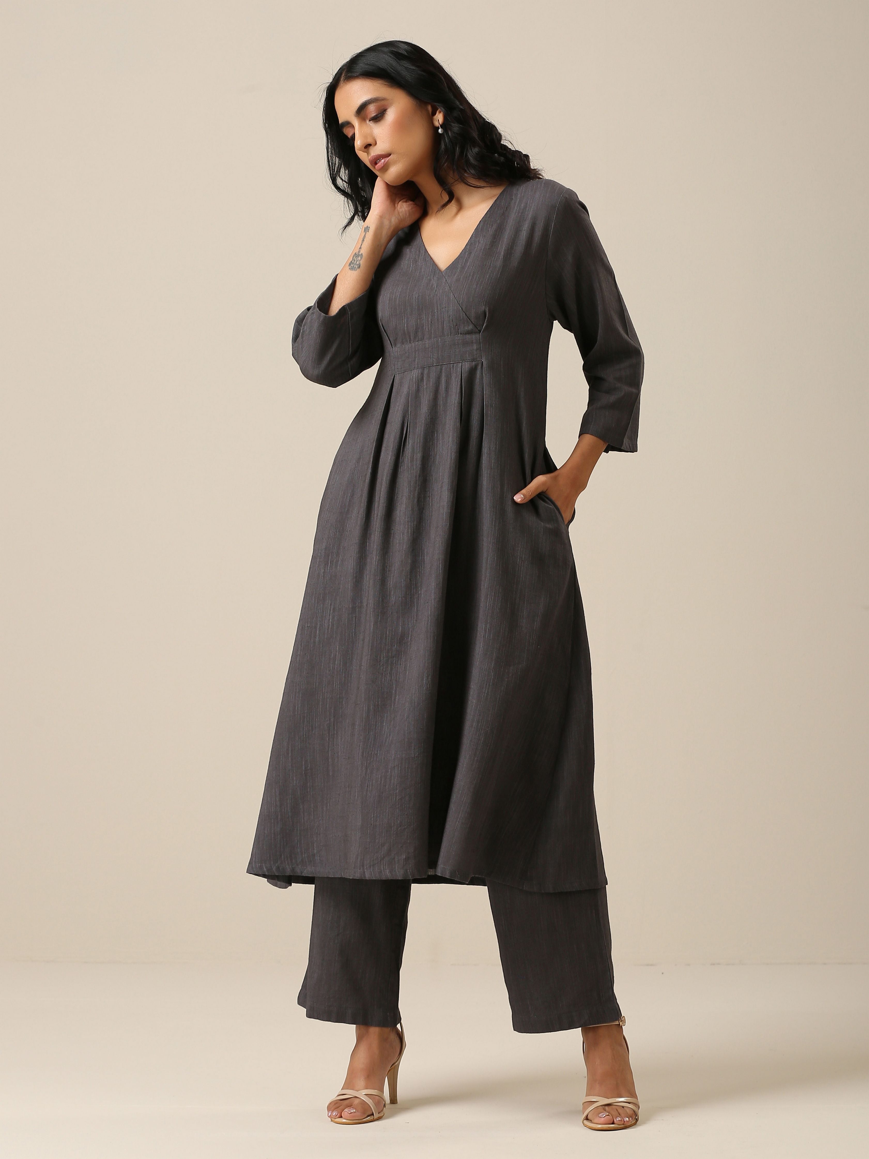 trueBrowns Slate Grey Slub Texture Overlap Pleat Kurta Pant Set - Distacart