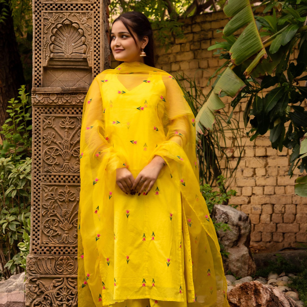 Pomcha Jaipur Gaurangi Ira Yellow Embroidery Suit Set - Distacart
