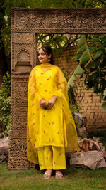Thumbnail for Pomcha Jaipur Gaurangi Ira Yellow Embroidery Suit Set