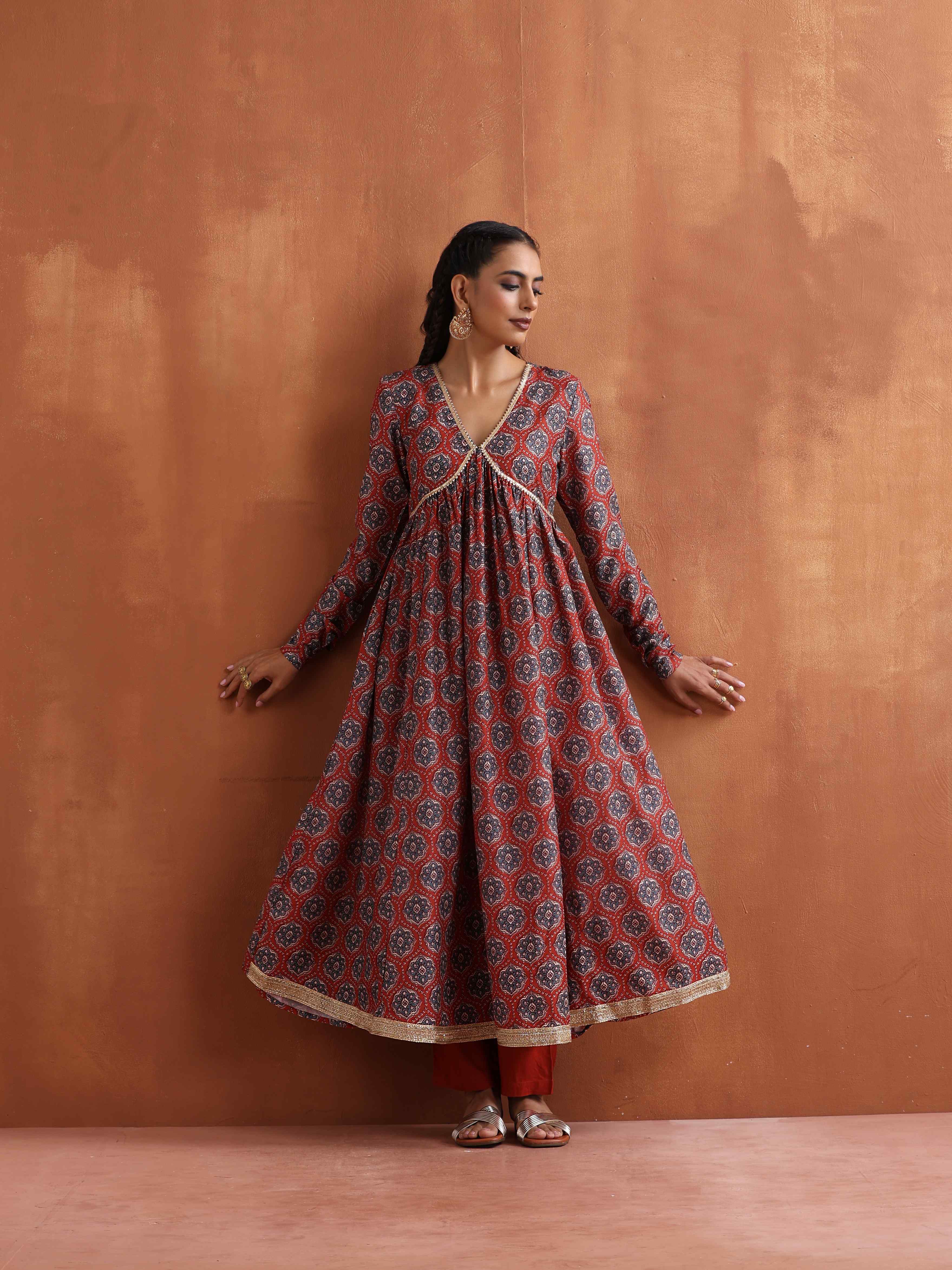 trueBrowns Rust Ajrak Print Flared Anarkali Kurta Set - Distacart