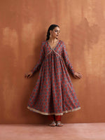 Thumbnail for trueBrowns Rust Ajrak Print Flared Anarkali Kurta Set - Distacart