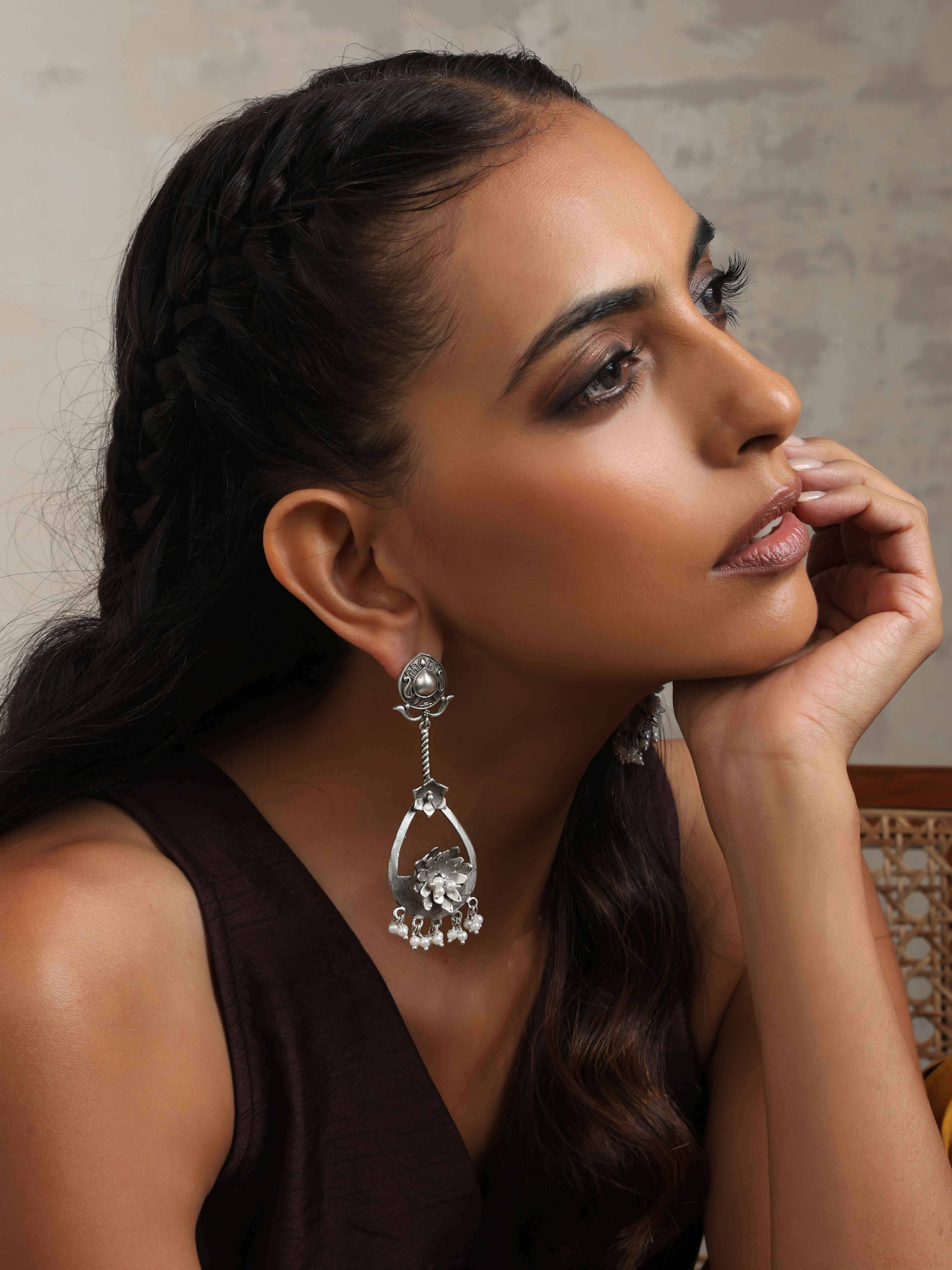 trueBrowns Silver Tone Floral Chandbaali Earrings - Distacart