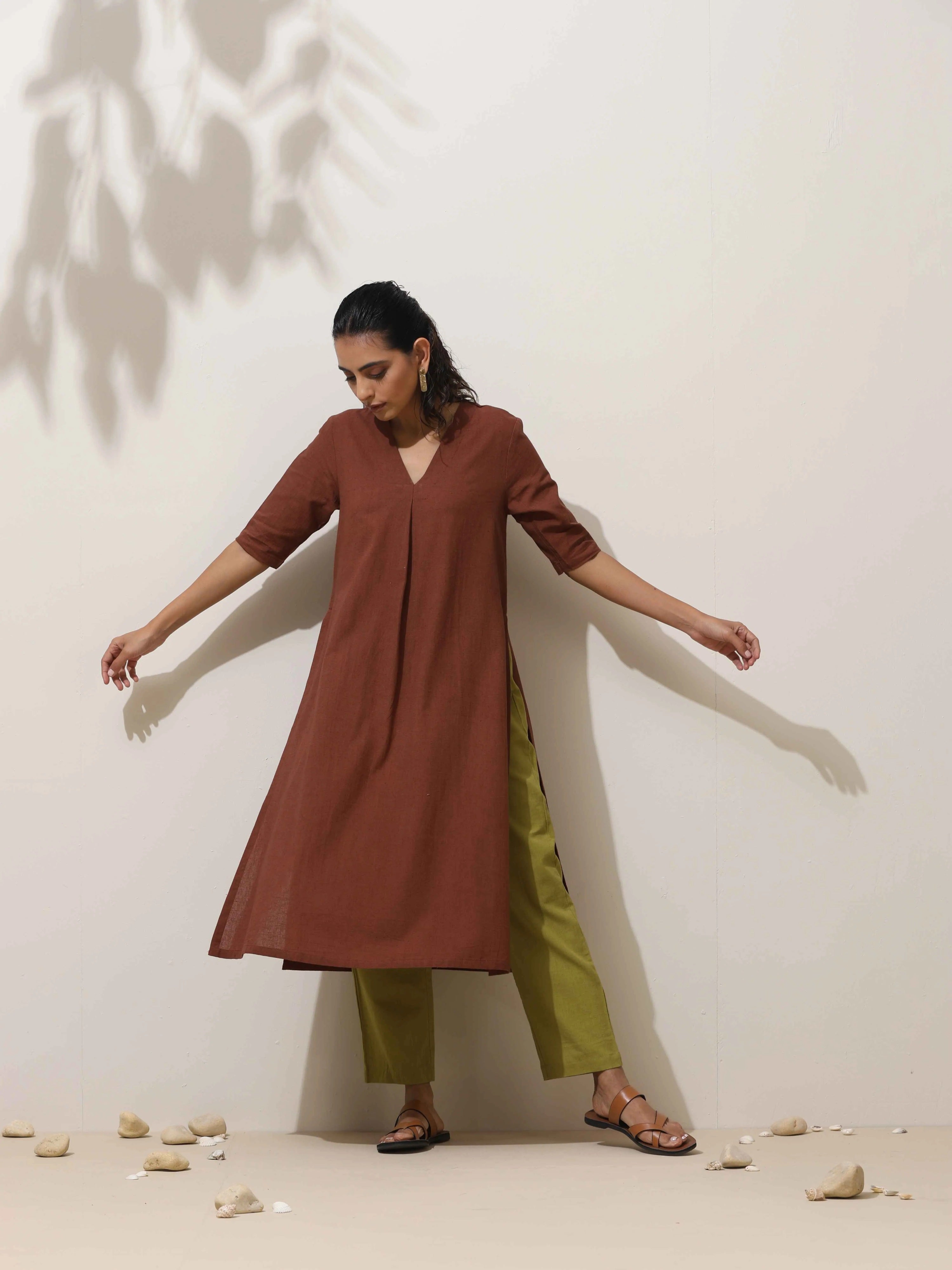 trueBrowns Brown Cotton Linen Kurta Pant Set - Distacart