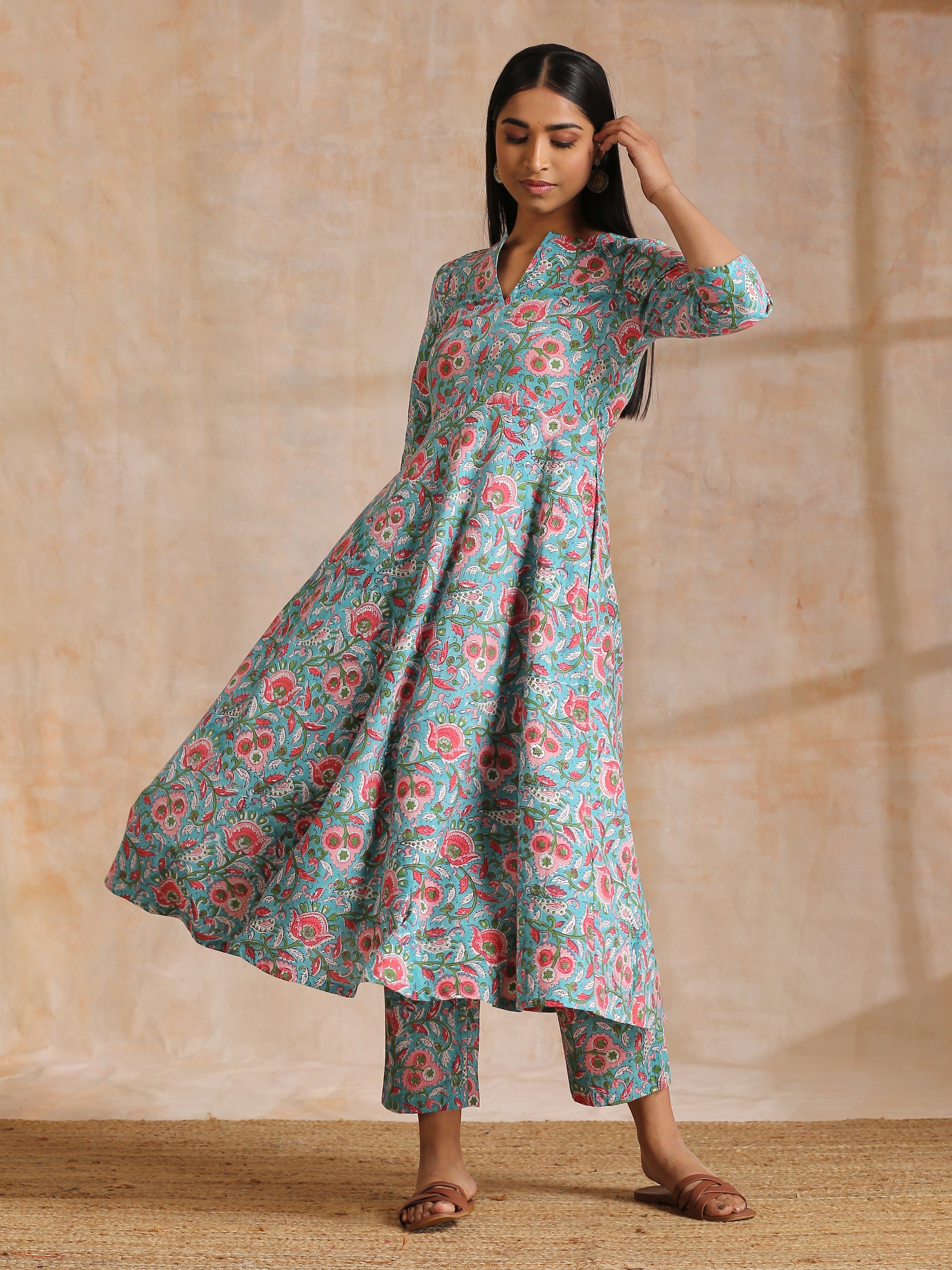 trueBrowns Turkish Blue Overall Floral Block Print Cotton Flared Kurta Pant Set - Distacart