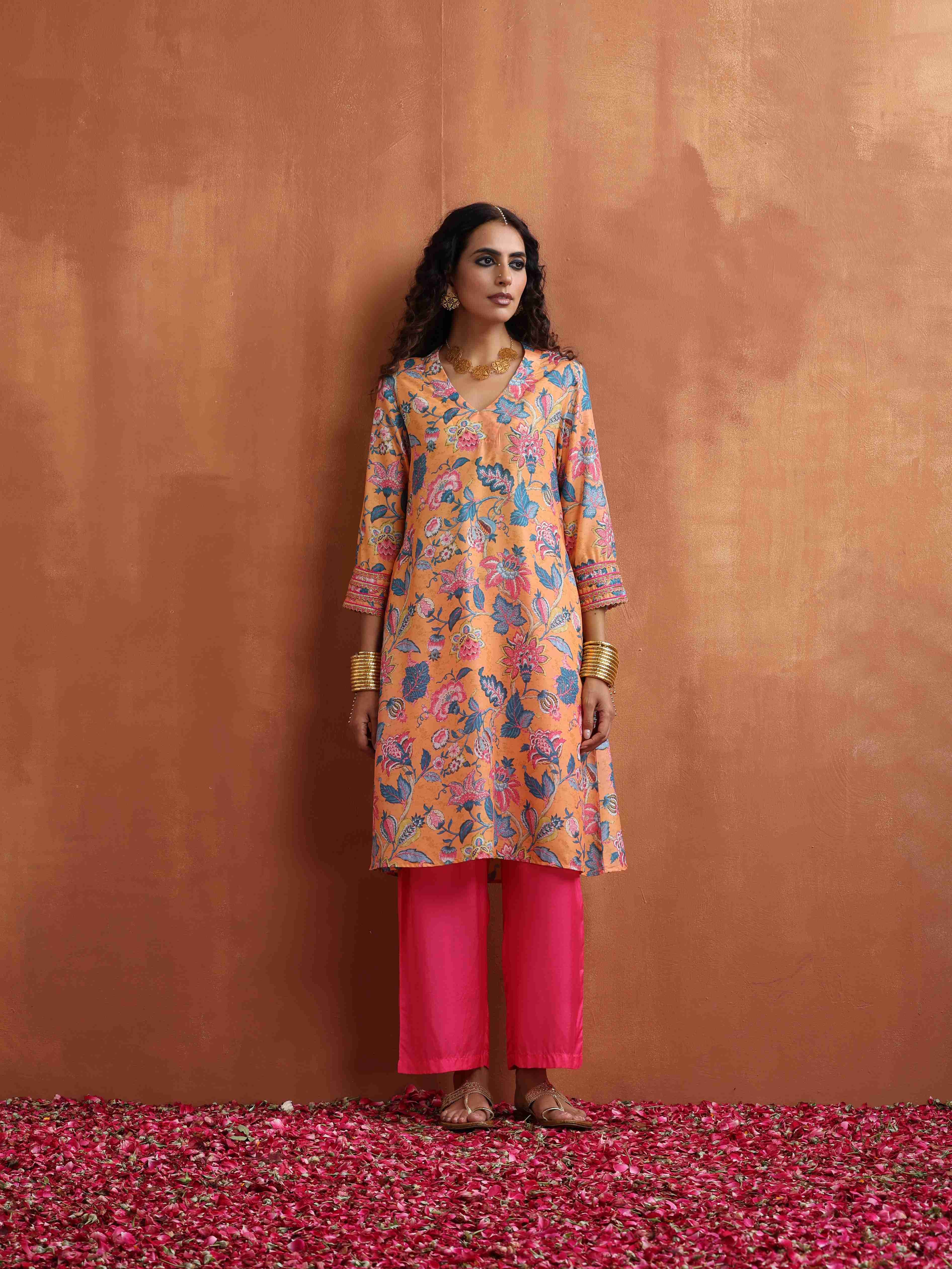 trueBrowns Orange Print Kurta Co-ord Set - Distacart