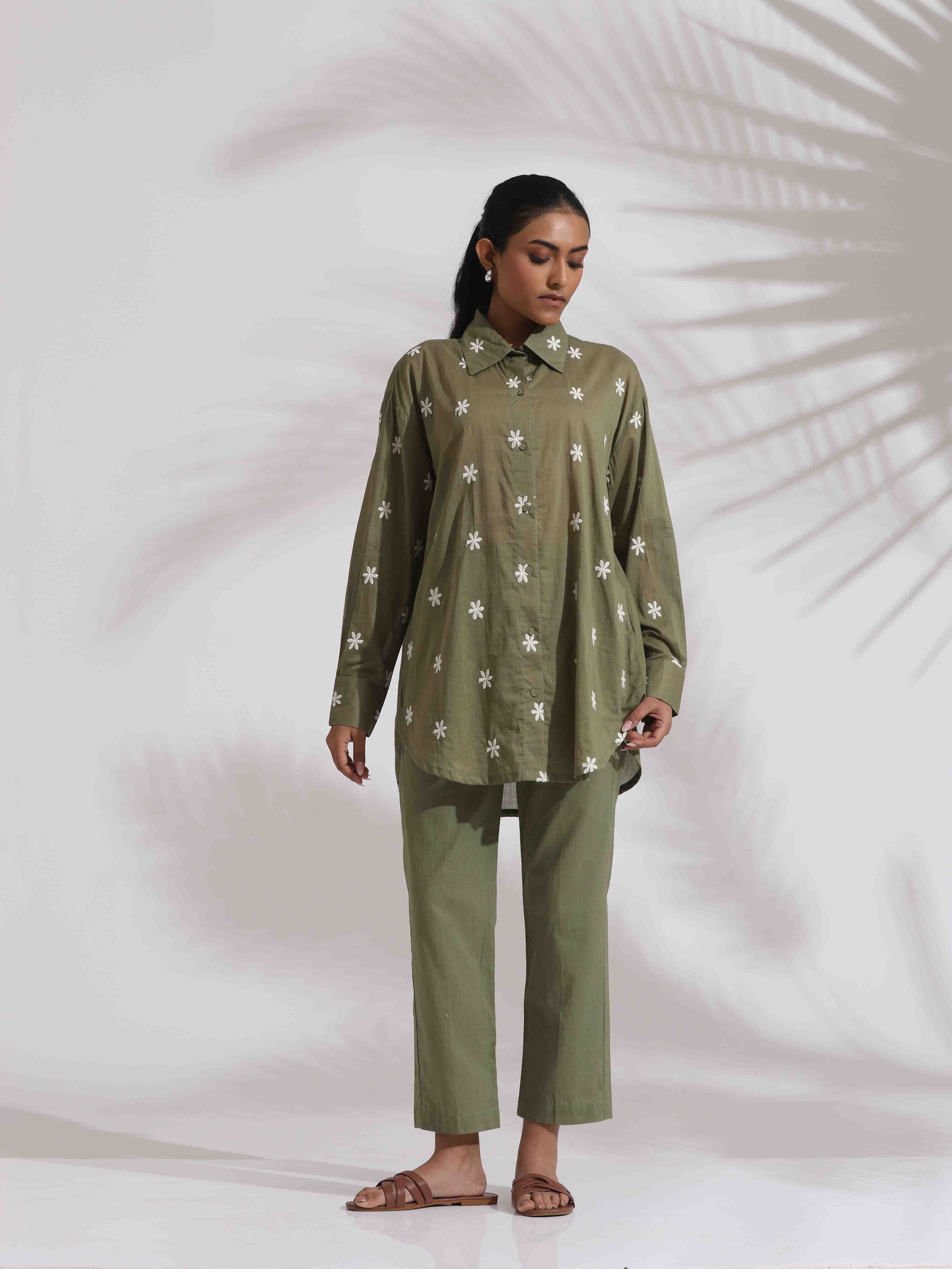 trueBrowns Olive Green Cotton Floral Embroidered Co-ord Set - Distacart