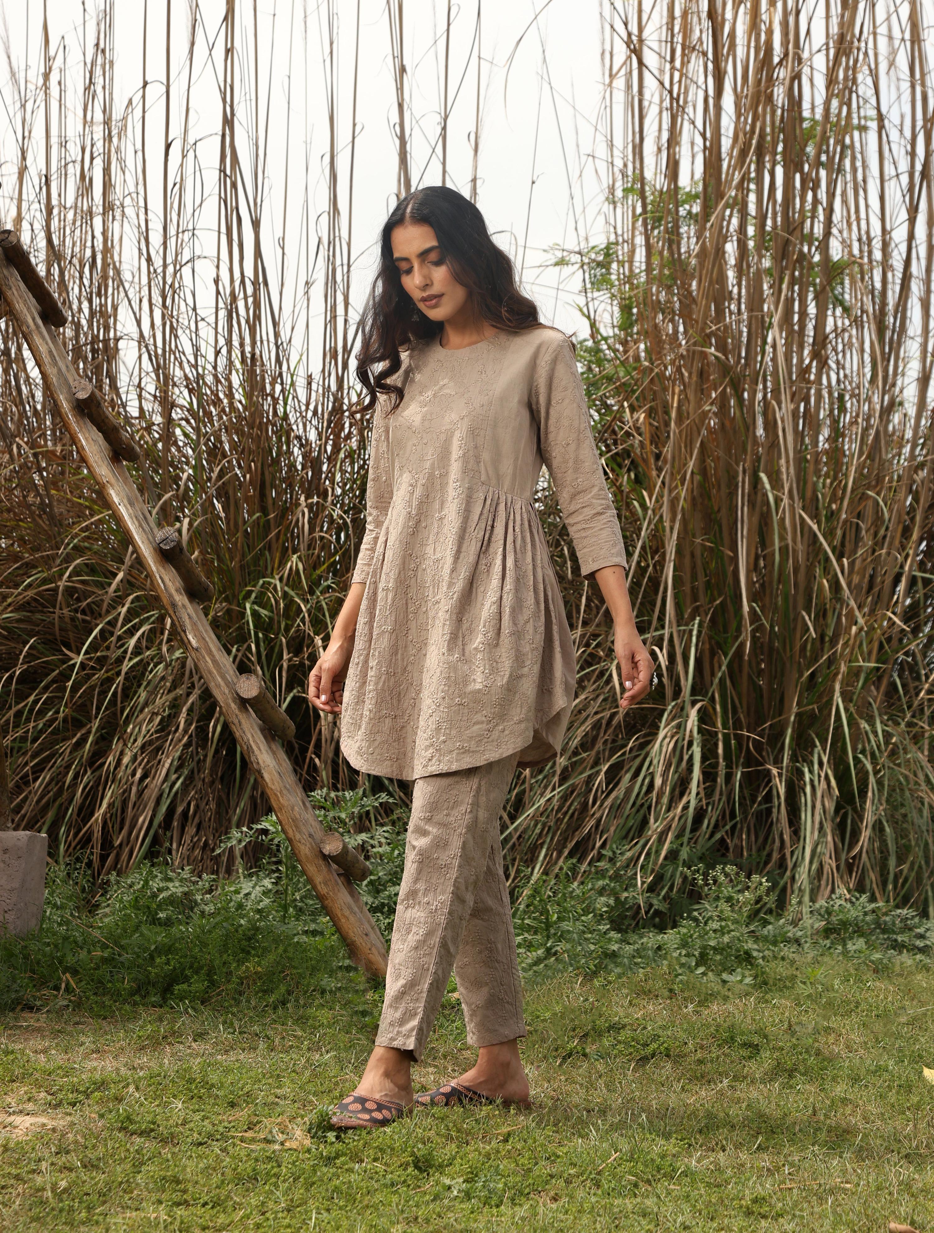 trueBrowns Khaki Cotton Embroidered Co-ord Set - Distacart