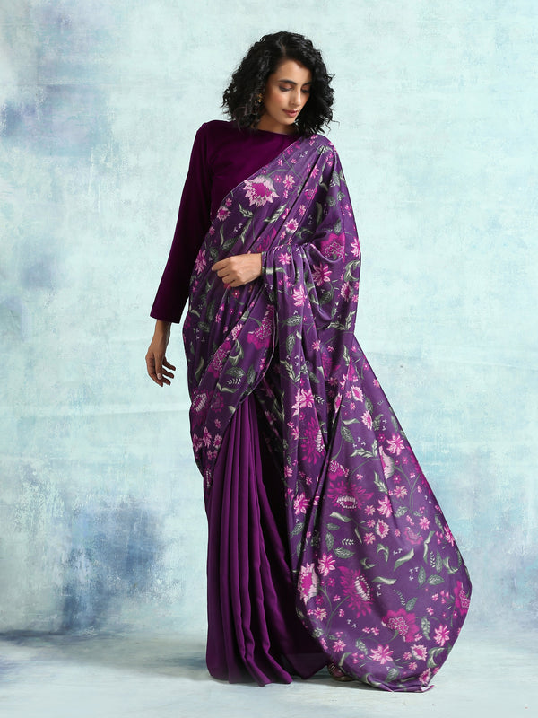 trueBrowns Wine Printed Velvet Ready to Wear Saree - Distacart