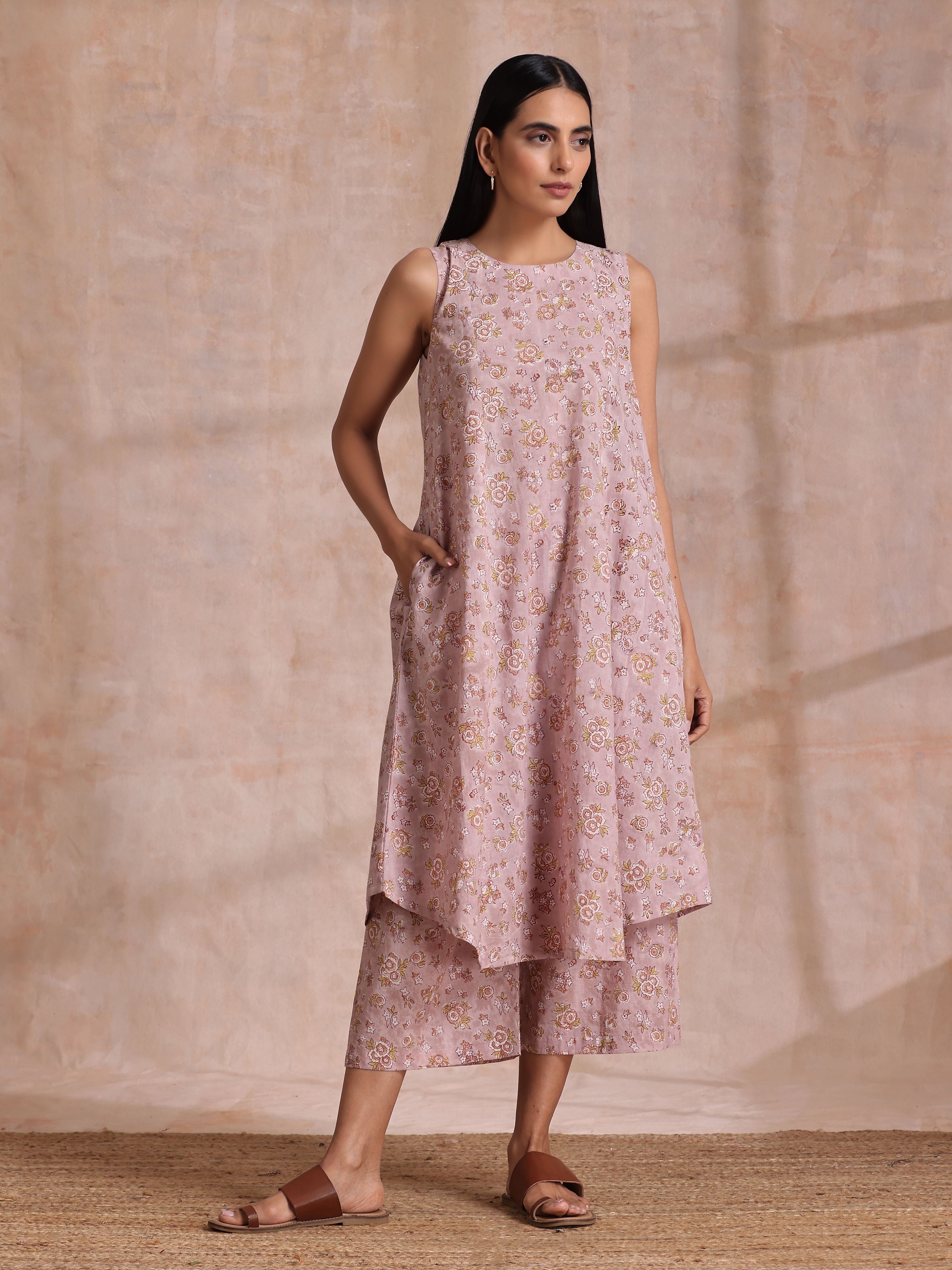 trueBrowns Grey Overall Floral Block Print Cotton High-Low Co-Ord Set - Distacart