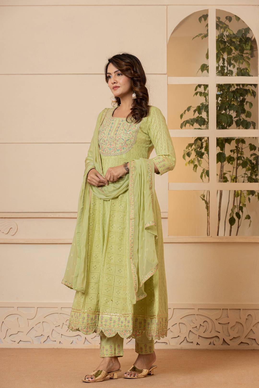 Varanga Women Lime Green Mirror And Thread Embroidered,Gotta Embellished Scalloped Schiffli Anarkali Kurta Paired Wirh Printed Bottom And Embroidered Dupatta - Distacart