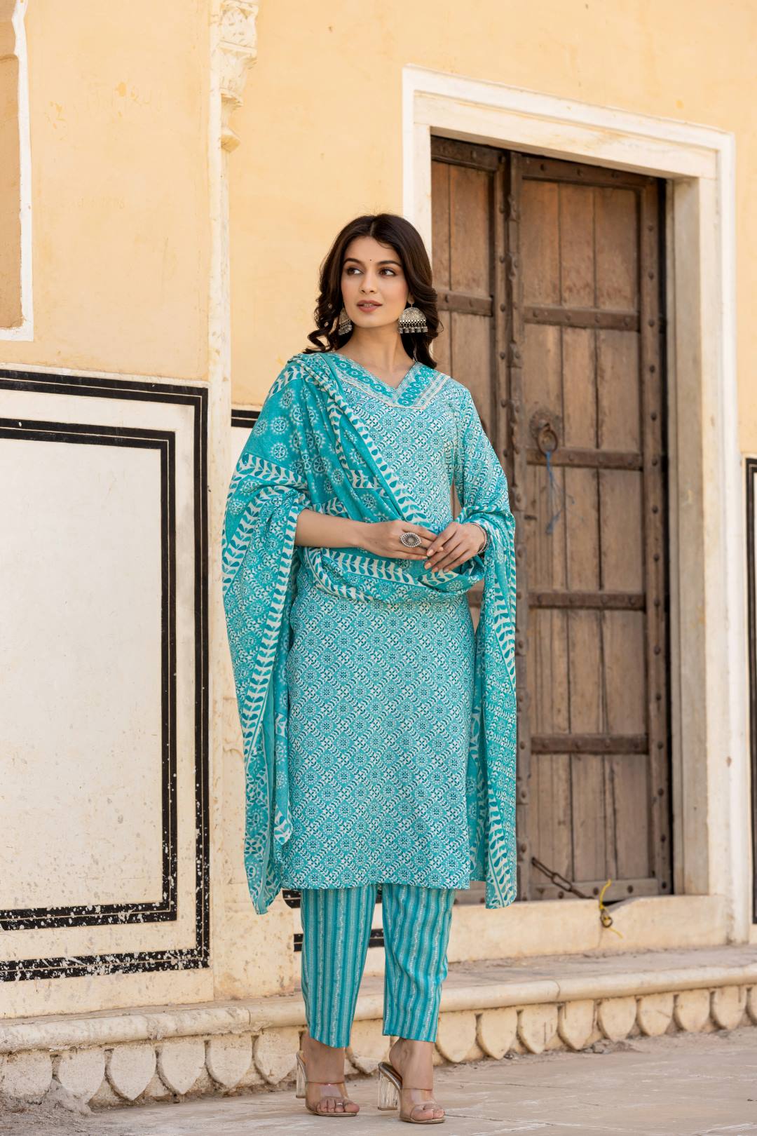Varanga Women Blue V Neck Thread Embroidered Kurta Paired With Printed Bottom And Dupatta - Distacart