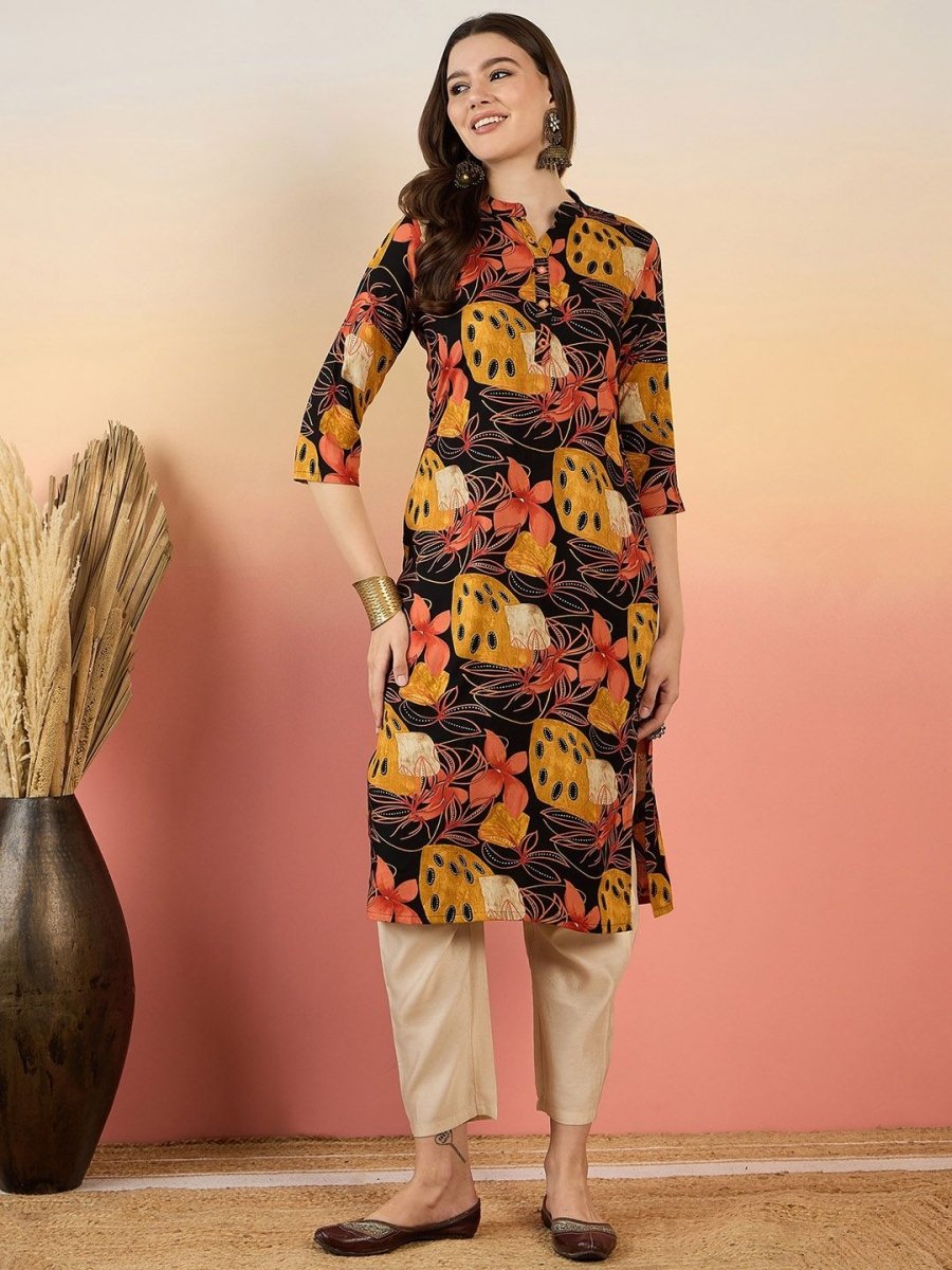 Anouk Floral Printed Mandarin Collar Straight Kurta
