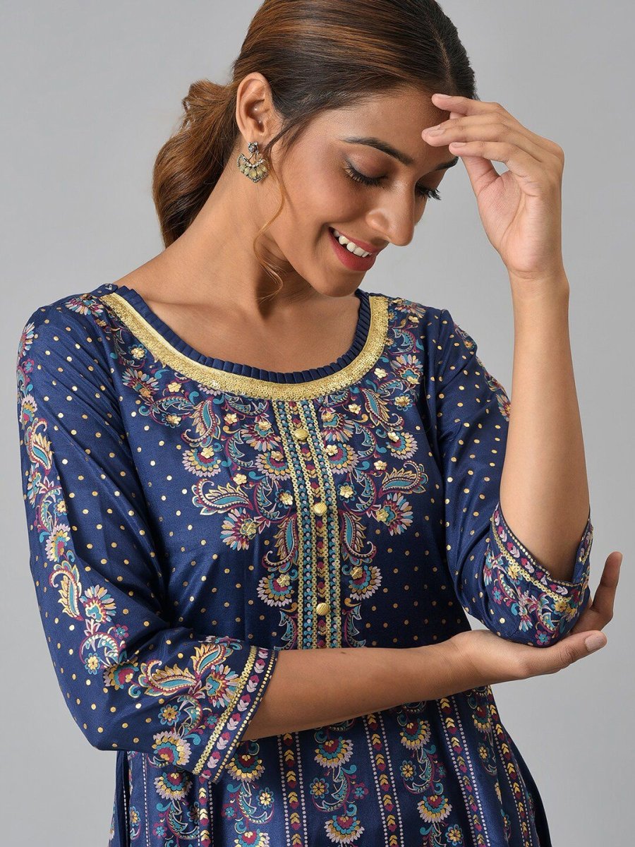 AURELIA Navy Blue Ethnic Motifs Ethnic Maxi Dress - Distacart