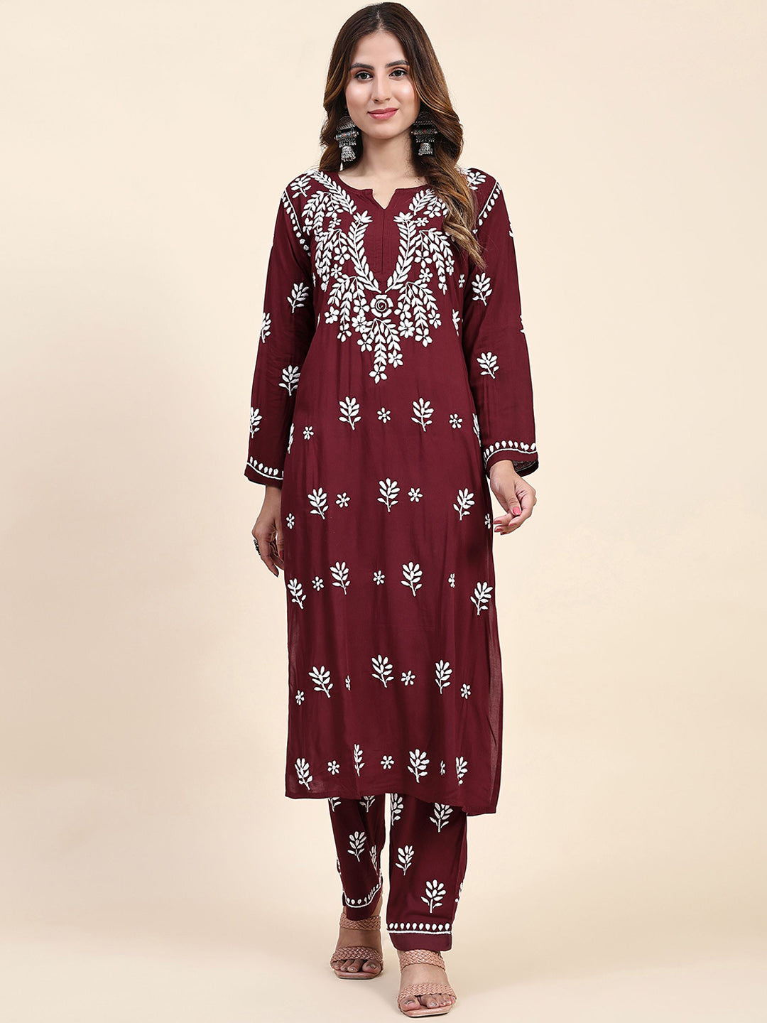 HOUSE OF KARI Floral Embroidered Chikankari Pure Cotton Straight Kurta With Trousers - Distacart