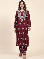 Thumbnail for HOUSE OF KARI Floral Embroidered Chikankari Pure Cotton Straight Kurta With Trousers - Distacart