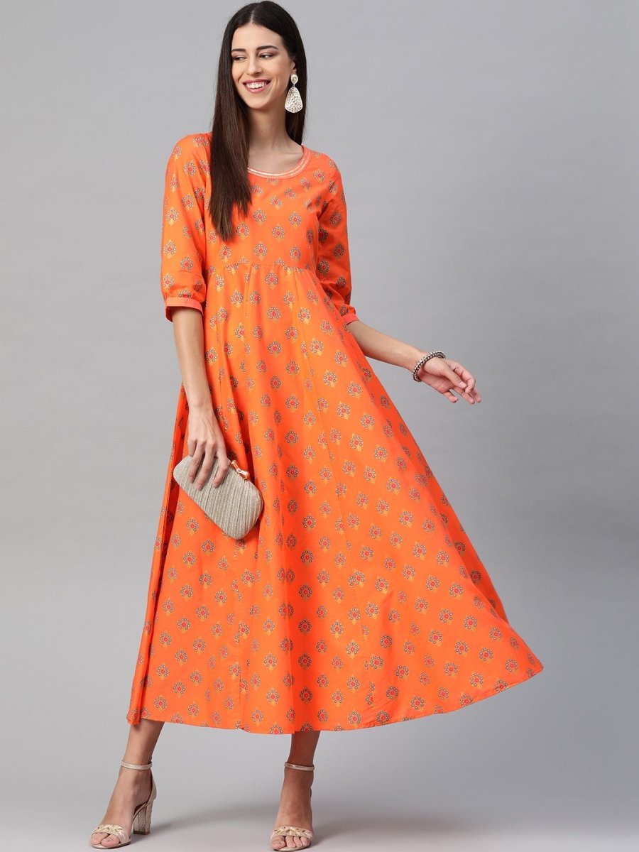 AURELIA Orange & Blue Floral Pure Cotton Ethnic A-Line Midi Dress
