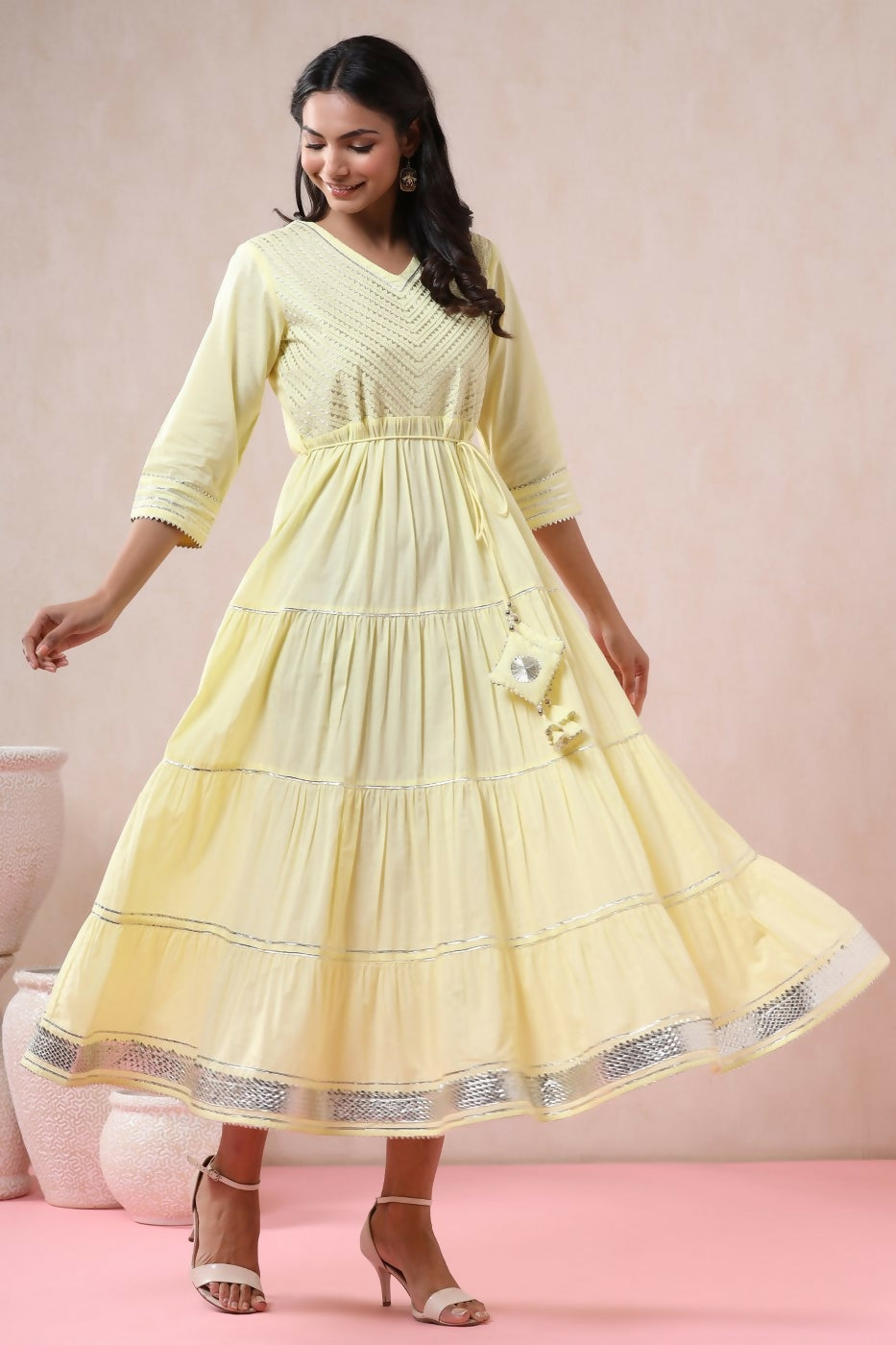 Juniper Yellow Solid Pure Cotton Solid Tiered Maxi Dress With Gota Work Dori Tie-Up & Cushioned Tassels At Waist - Distacart
