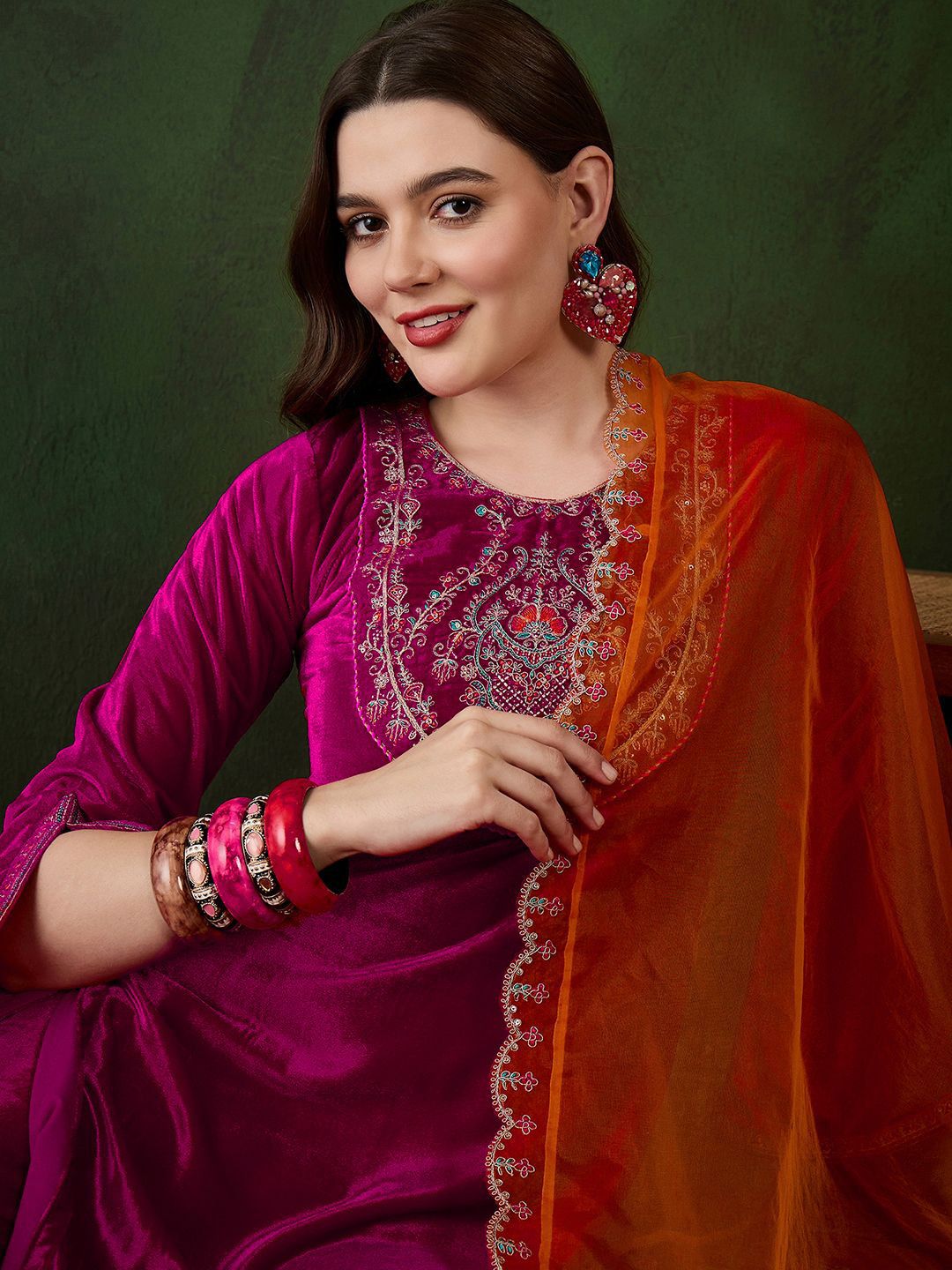 Sangria Embroidered Velvet Kurta & Trousers with Dupatta - Distacart