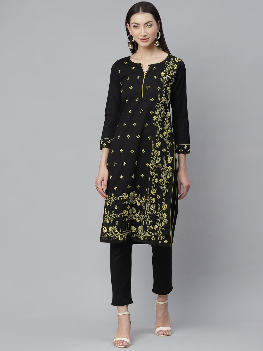 ADA Women Black & Yellow Chikankari Hand Embroidered Sustainable Handloom Kurta with Trousers - Distacart