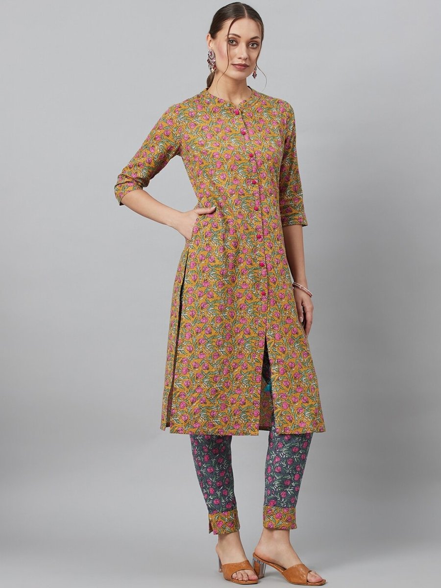 Aks Floral Printed Mandarin Collar Regular Pure Cotton Kurta With Trousers - Distacart