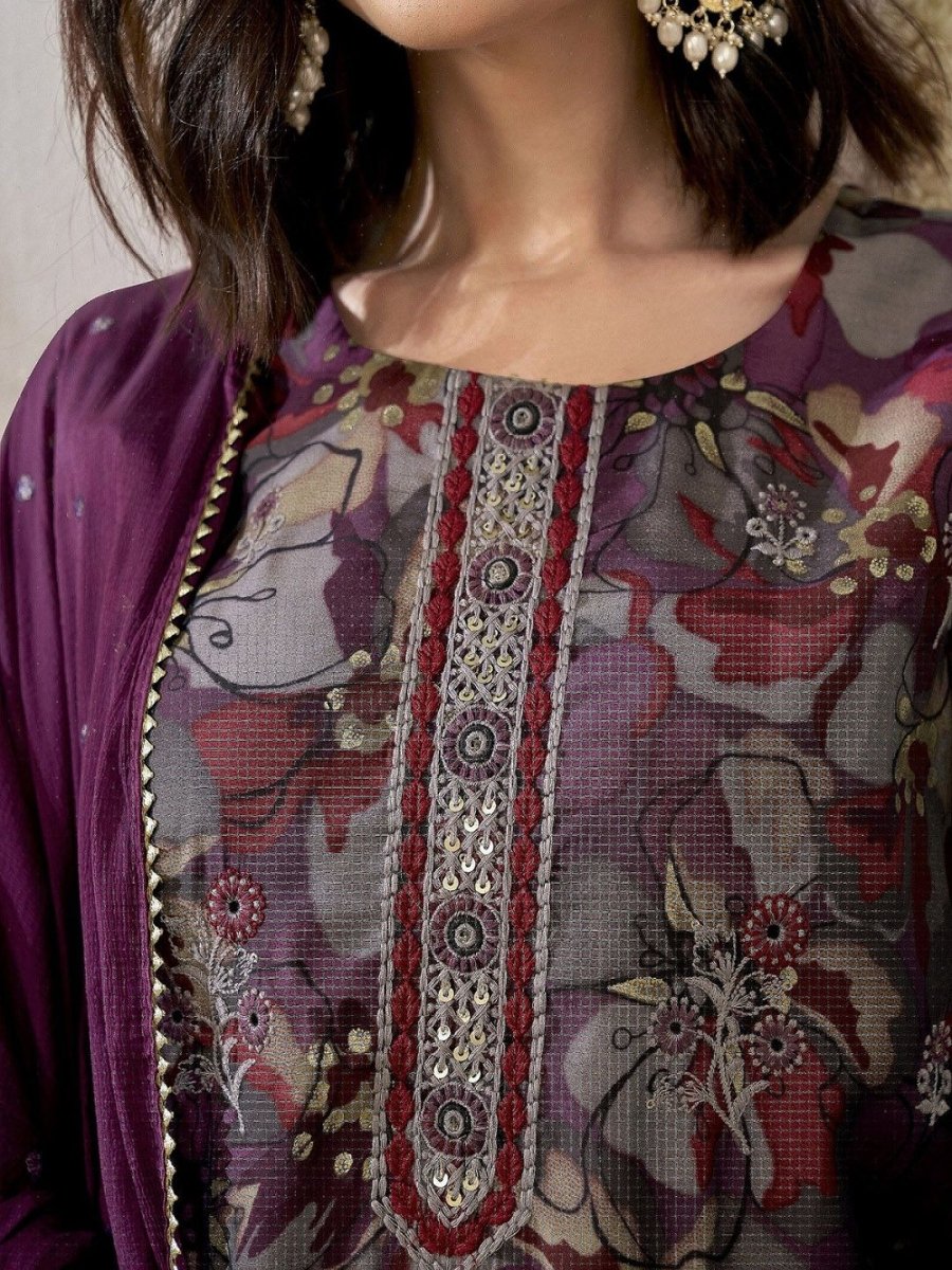 Anouk Floral Embroidered Zari Chanderi Silk Straight Kurta With Trousers & Dupatta - Distacart