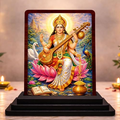 Maa Saraswati Small Wooden Idol 4x5 Inch Divine Grace HD Printed Home Decor