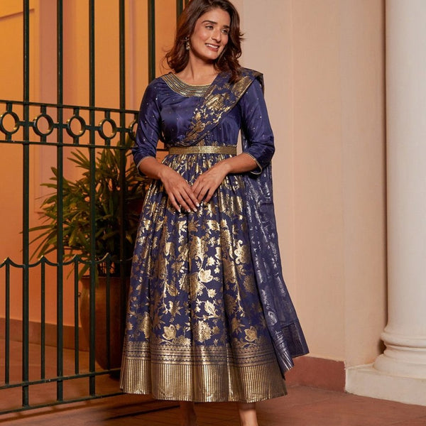 AURELIA Navy Blue Ethnic Motifs A-Line Midi Dress - Distacart