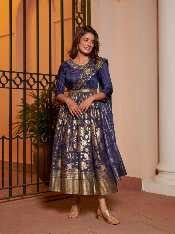 AURELIA Navy Blue Ethnic Motifs A-Line Midi Dress