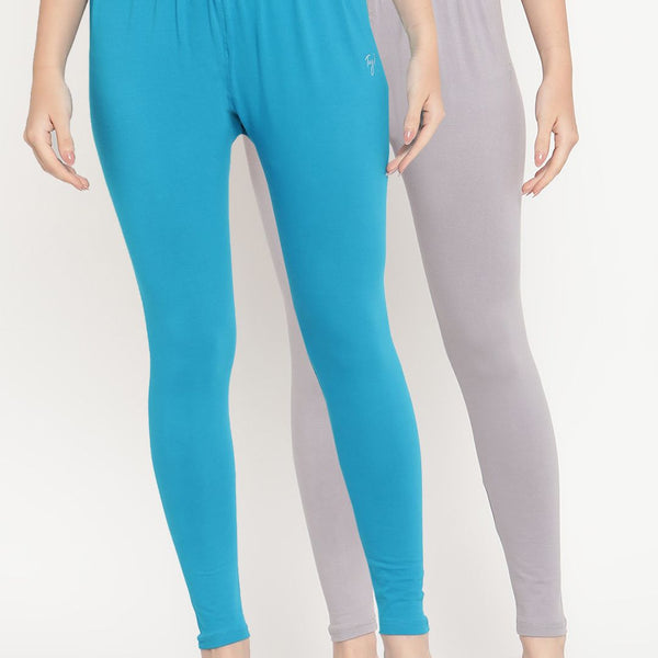 TAG 7 Women Set of 2 Blue & Grey Ankle Length Leggings - Distacart