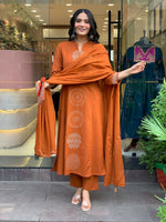 Thumbnail for The52 Orange Women's Gorgeous Chanderi Fabric Embroidered Work Straight Kurta Pant and Dupatta Set - Distacart