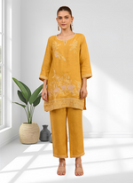 Thumbnail for Joban Fashion Mustard Linen Embroidered Readymade Cord Set - Distacart