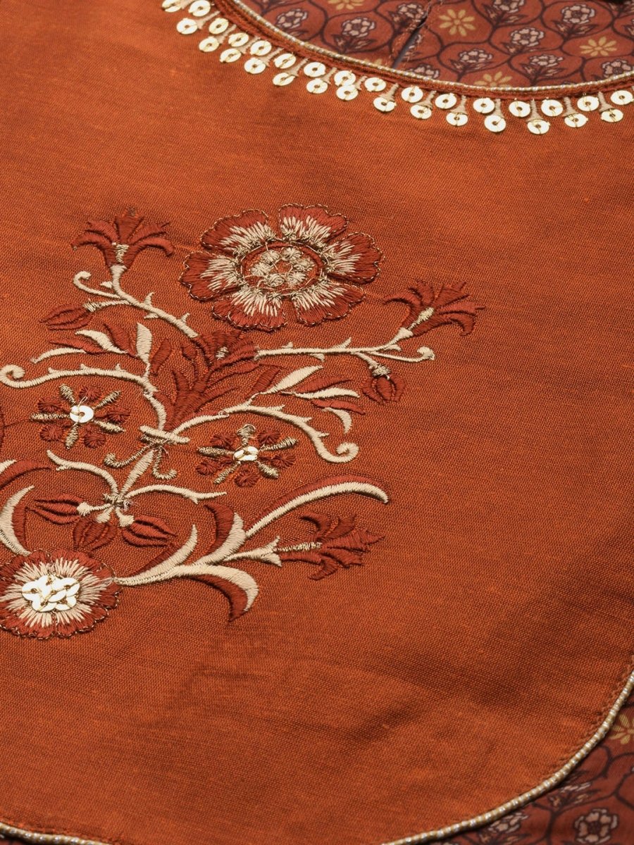 All About You Women Rust Floral Printed Empire Kurta with Trousers - Distacart